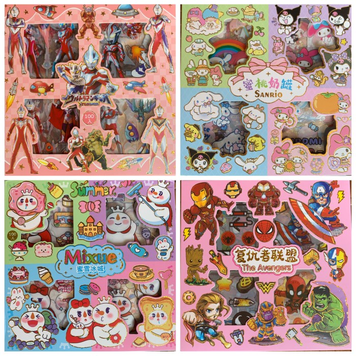

best produk] sticker lucu transparan isi 100 dus avenger ultraman sanrio mixue