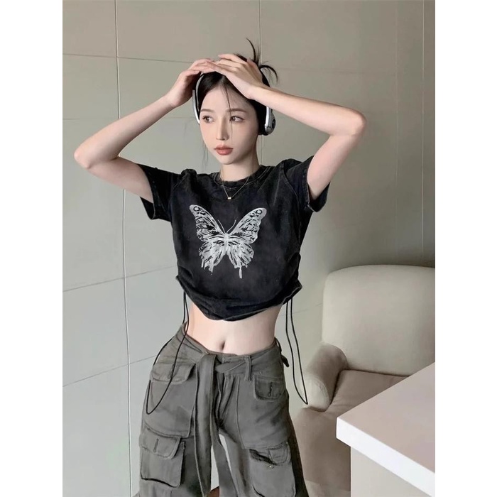 (Expert) PINYUN STORE N084 Baju Crop Wanita kupu-kupu Korea Street Style Baju Wanita Kekinian Hitam