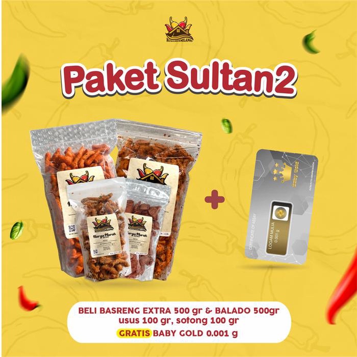 

Kuliner.Kita Paket Sultan (Basreng Extra+Basreng Balado+Usus+Sotong )(Free Logam Mulia )