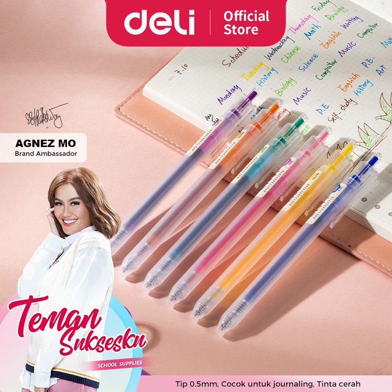 

Deli School Gel Pen / Pulpen Gel 0.5 mm 6 Warna Retracable Gratis Sticker Lucu EG118-6C