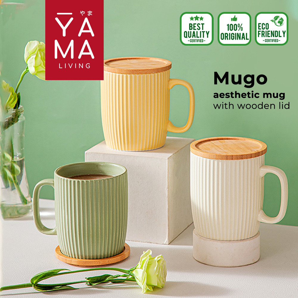 Terlaris YAMA MUGO Striped Mug 400 ml Gelas Kopi Teh Kopi Susu Keramik Penutup Kayu Tatakan Terbaru
