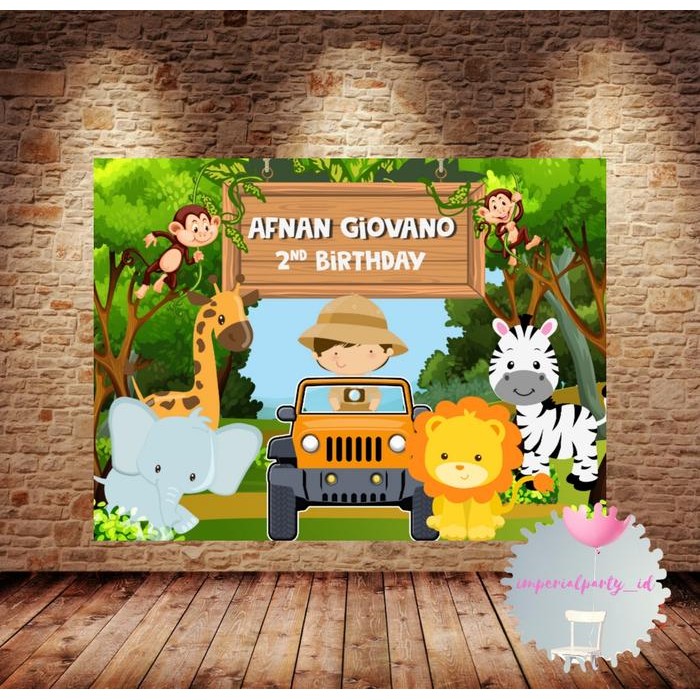 Mntb" Custom Backdrop Banner Spanduk Happy Birthday Boy Animal Safari Car