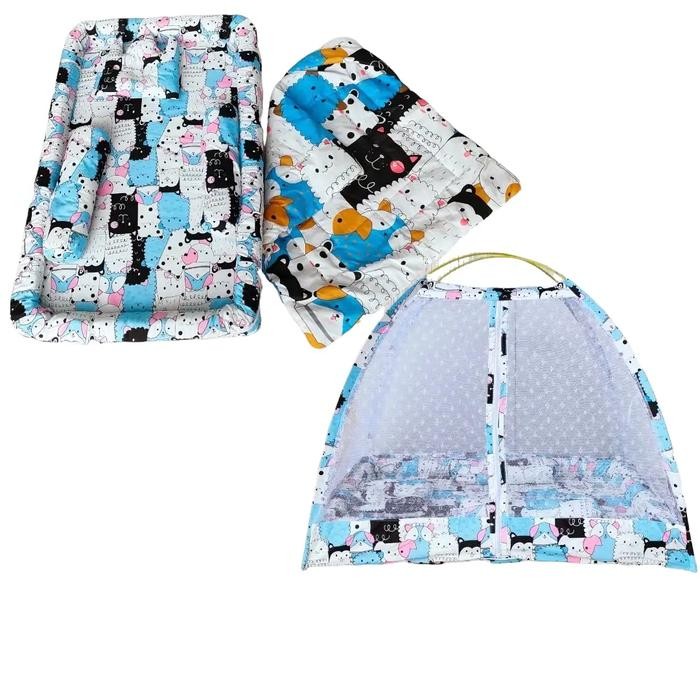 Auraby- Kasur Bayi Plus Fiber Set Selimut Motif Monokrobo Biru Bayi Baru Lahir Balita Cewek