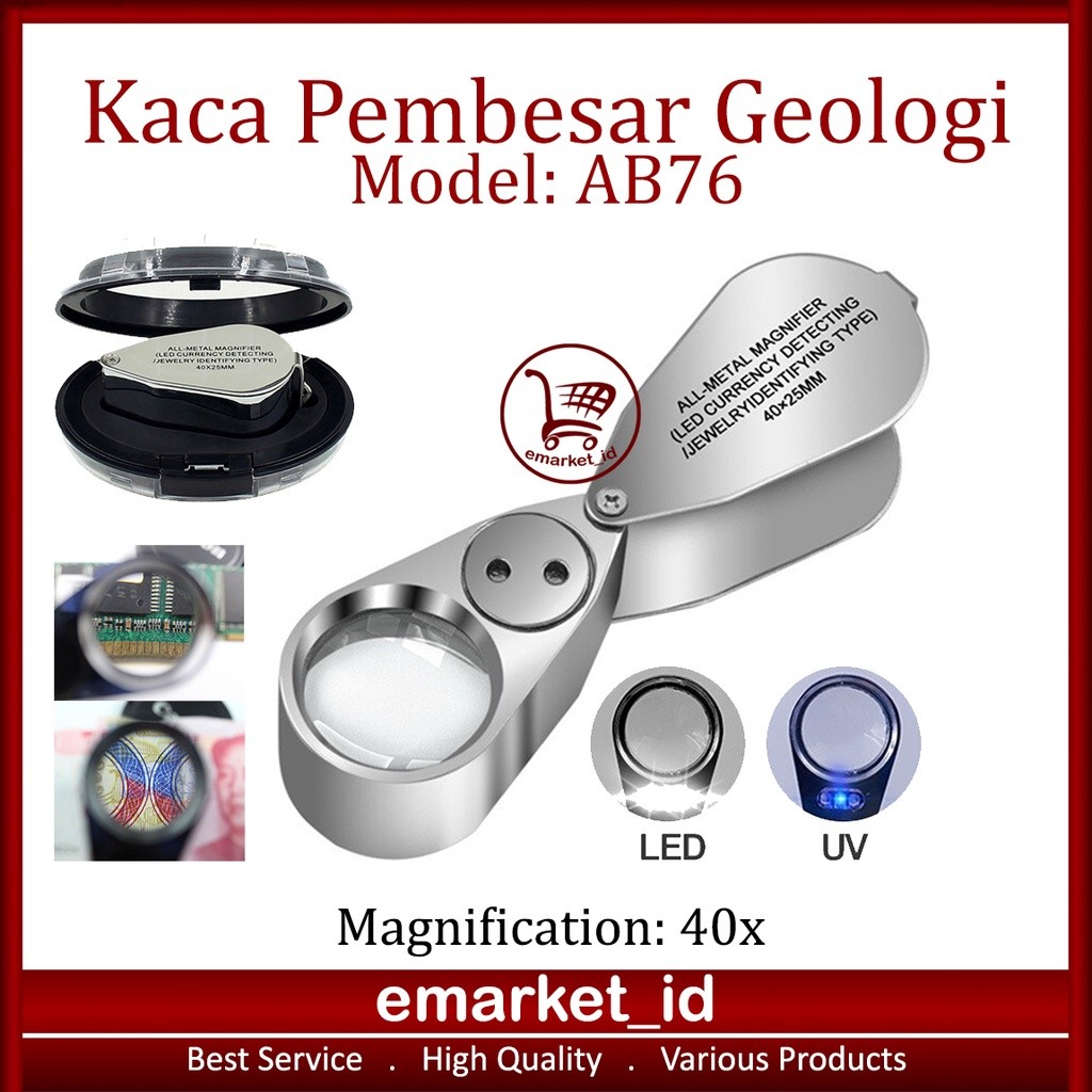

Kaca Pembesar Geologi LED UV 40x AB76 / Perhiasan Batuan / Lup Lensa Lampu Lipat Loupe Illuminated