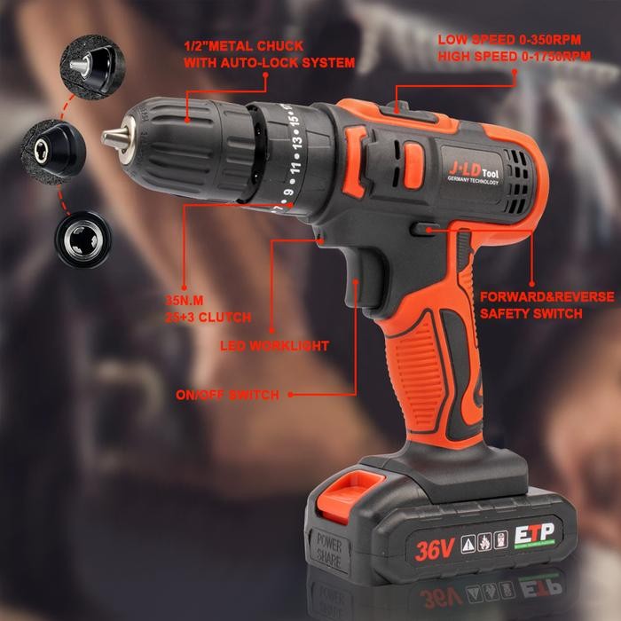 JLD mesin bor baterai cas 36V,bor listrik murah 2baterai bolak balik