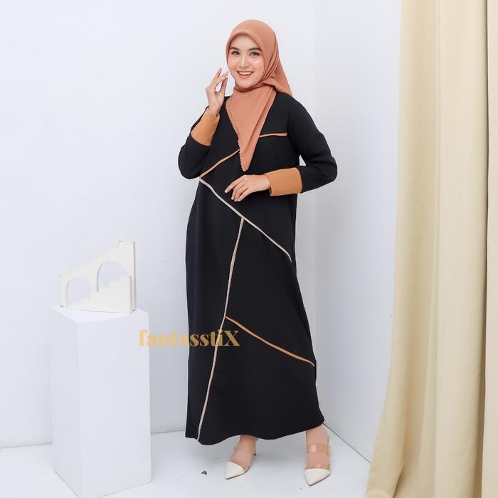 Modest- Tubita Dress Knit List Hitam Lokal By Fx