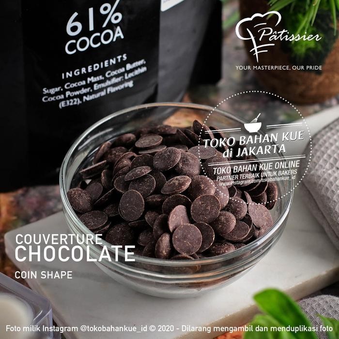 

Patissier Chocolate 61% DARK Couverture 100gr Repak Cokelat Coin Dark