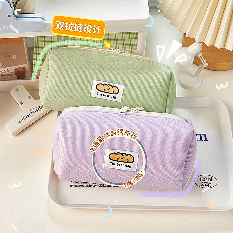

KENSHO Kotak Pensil Sleting Roti Lucu Bahan Corduroy Motif Polos Plaid Warna Pastel / Pencil Case /