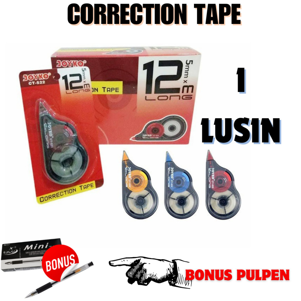 

(1 Lusin) + (Free Pulpen) Tip Ex Roll - Correction Tape Joyko Ct 522 - Tip Ex Kertas - Toko Gemilang