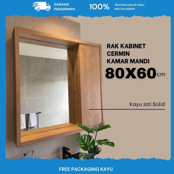 rak cermin kamar mandi kaca cabinet kayu jati solid
