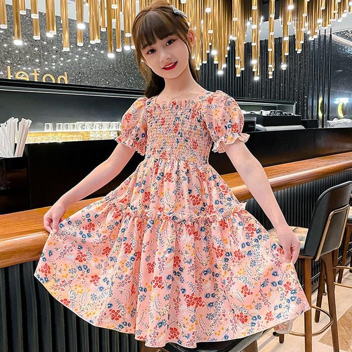 ( 3-12 Tahun) Gaun Korea Musim Panas Anak-Anak Kecil Gadis Putri Gaun Lengan Pendek Bunga Gaun