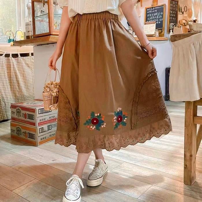Rok Linen Coklat Bordir Bunga & Lace Korea Import Termurah