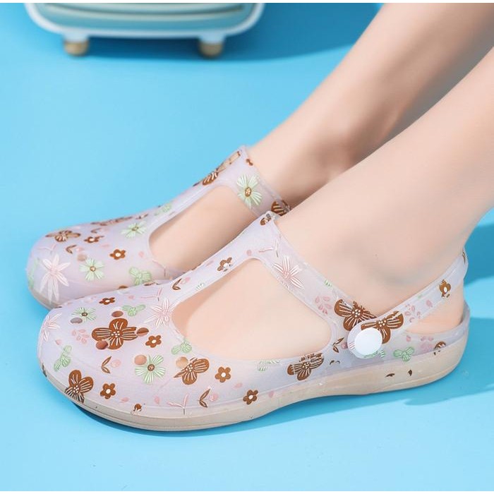 OKAIDO Sandal Sepatu Wanita Slop Motif Bunga Polos Jelly Bening Transparan Coklat Karet Pink Sandal