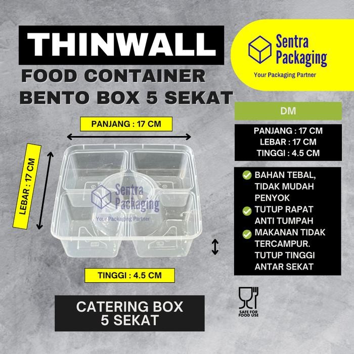AnekaDapur- Dm 5 Sekat Bento 1000Ml Square / Thinwall / 5 Sekat Kotak Makan - Pack