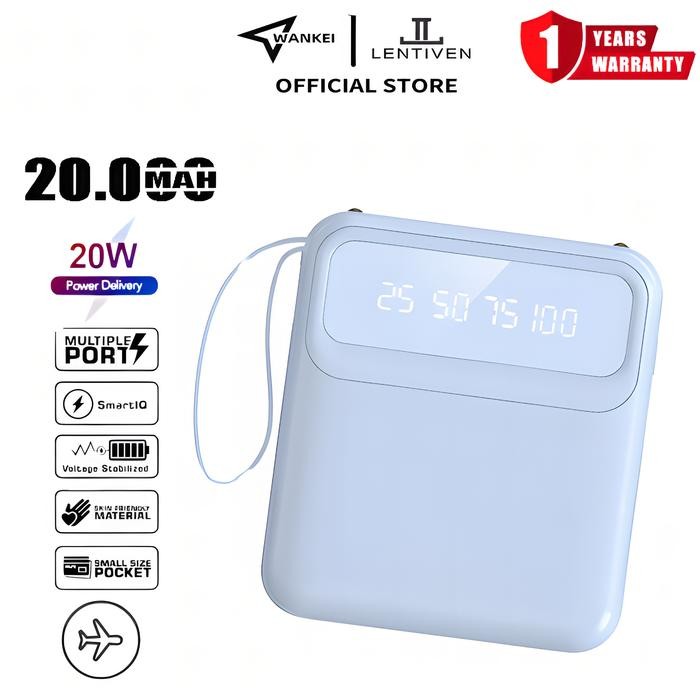 Original.. Wankei Lentiven Powerbank 20000 Mah Mini Size 4 Cable Senter Led Display