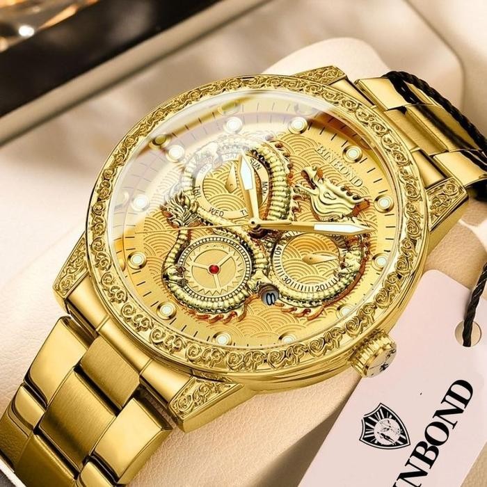 TEARU Jam Tangan Pria BINBOND BP-03 Arloji Ukir Naga Mewah Tahan Air 30m Unik 3D Ukiran Timbuk Anti