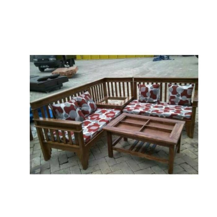 Terlaris Sofa L Sudut Kayu Minimalis Full Kayu + Meja / Jok Sofa Bisa Dilepas (