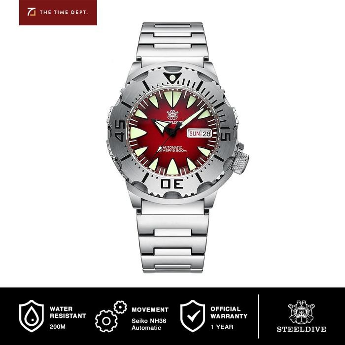 Steeldive SD1984 Monster Red Seiko NH36 Automatic Movement Jam Tangan Diver Pria DayDate Kaca Safir