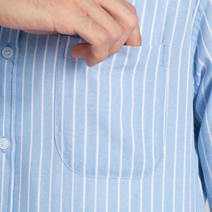 Modo- Kemeja Garis Pria Woodcutter Collarless Spancer Stripes Kerah Shanghai - Light Blue