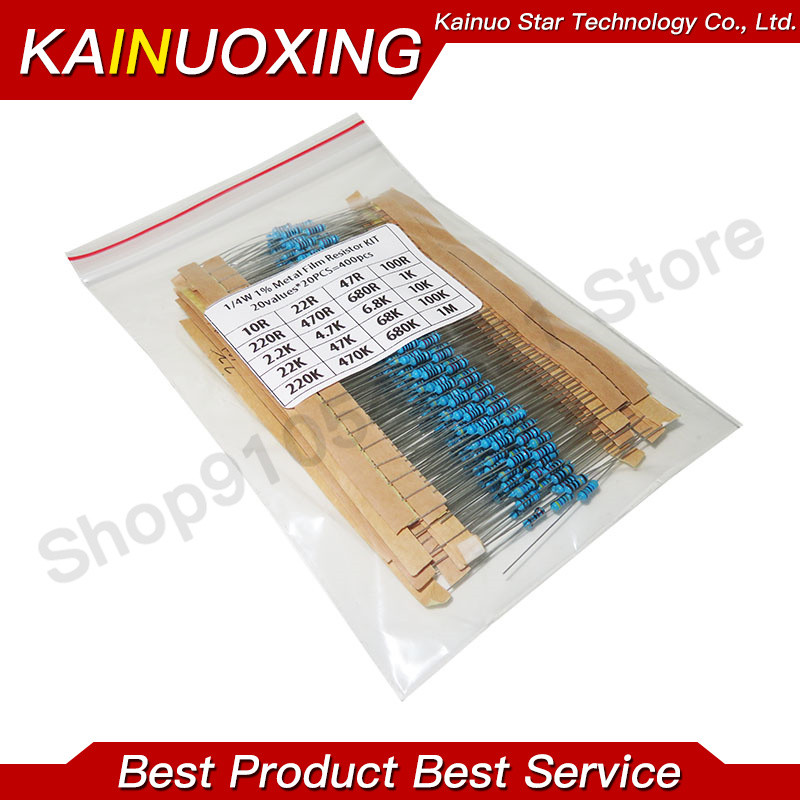 400Pcs/Lot 1/4W Metal Film Resistor Assortment Kit 10Ohm - 1M Ohm 1% Resistance Set