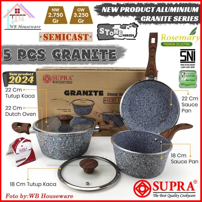 Terbaru Supra 5Pcs Panci Set Granite Stone Series With Lid Anti Lengket / Set Peralatan Masak /