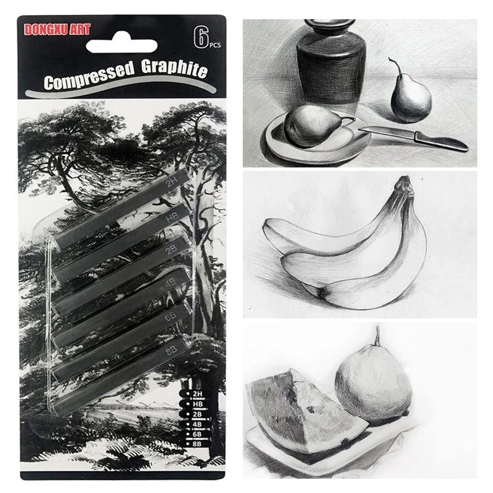 

6Pcs Professional Pure Carbon Sketch Carbon Strip Pens Hard/Medium/Soft Woodless Charcoal Pencil Set