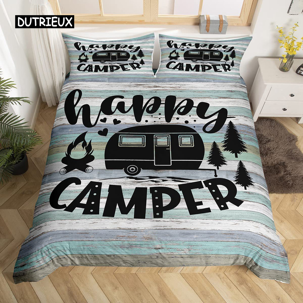 

Rustic Farmhouse Style Duvet Cover Old Barn Door Comforter Cover Polyester Happy Camper Print Black