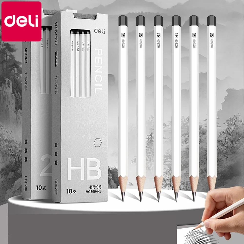 

10Pcs/Set Deli White Wood Pencil Hexagonal Hb 2B Lead Smooth Writing Lapices For Kids Students
