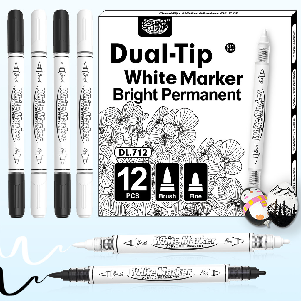 

12 Acrylic Paint Markers Double Head Black/White Brush Tip Paint Markers For Rock Painting Stone Diy