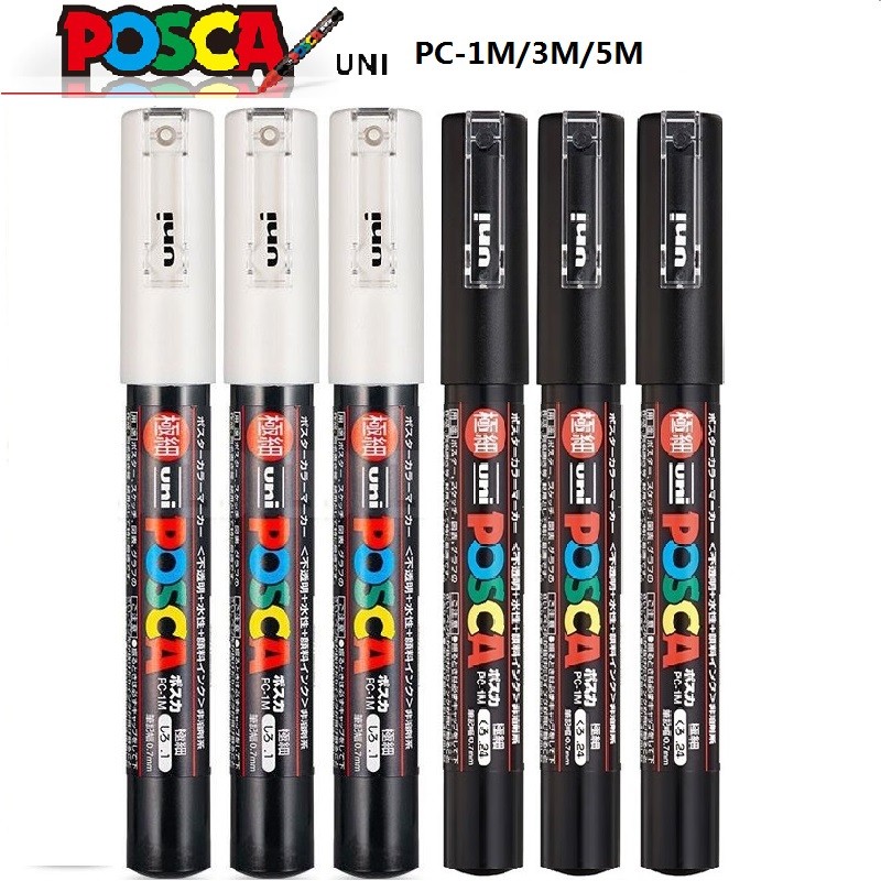 

3Pc Uni Poscas Plumones Lumones Acrylic Markers White/Black Pc-1M 3M 5M Permanente Waterproof