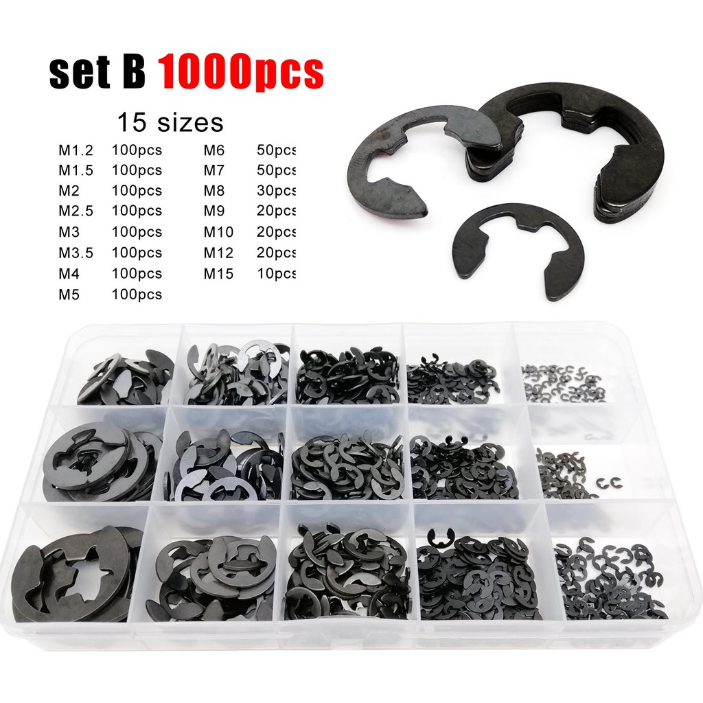 

580/1000Pcs Assortment Kit Set Box M1.2 To M15 Black Carbon Steel External Retaining Ring E Clip