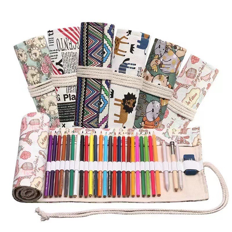 

36 Holes Canvas Roll Up Pencil Case School Students Supplies Brush Pen Bag Cute Pencil Cases