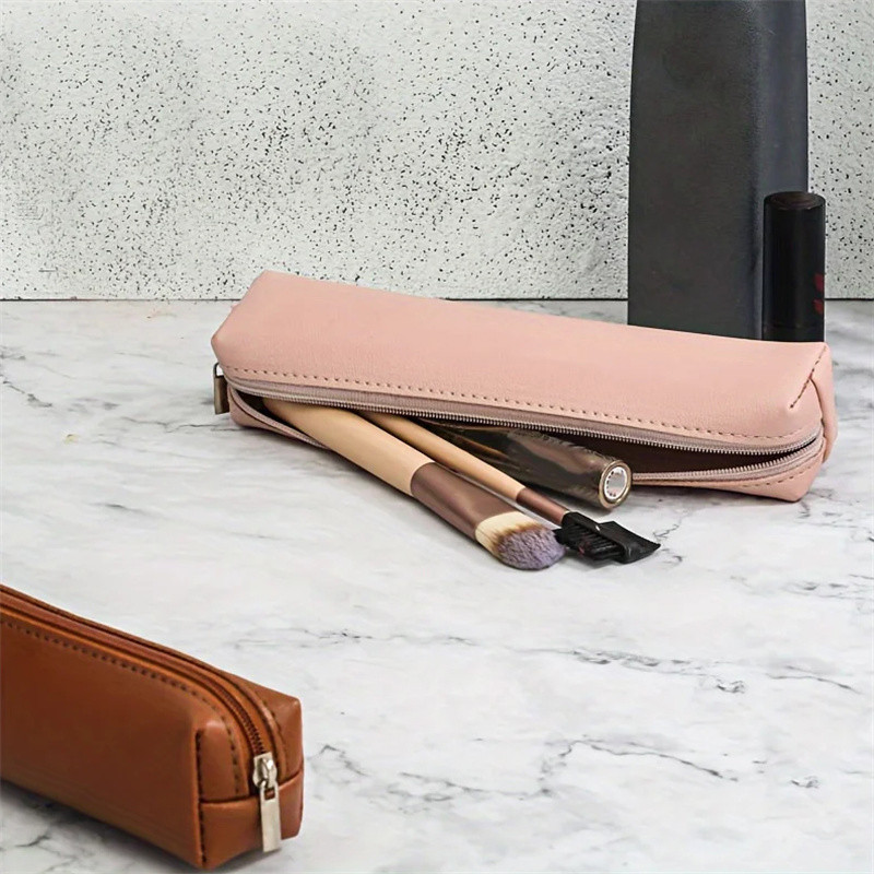 

Vintage Pu Leather Zippered Pencil Case Small Stationery Organizer Pen Holder Writing Utensil Pouch