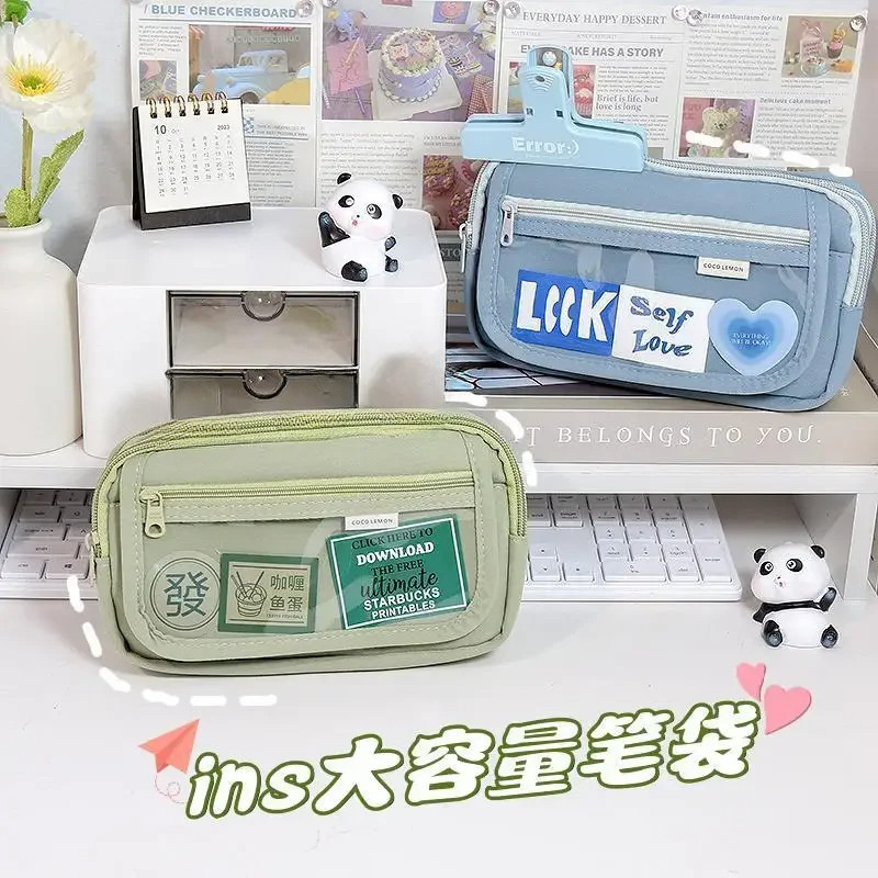 

1Pc Japanese Ins Simple Transparent Multi-Layer Pencil Case Large Capacity Student Canvas Pen Bag