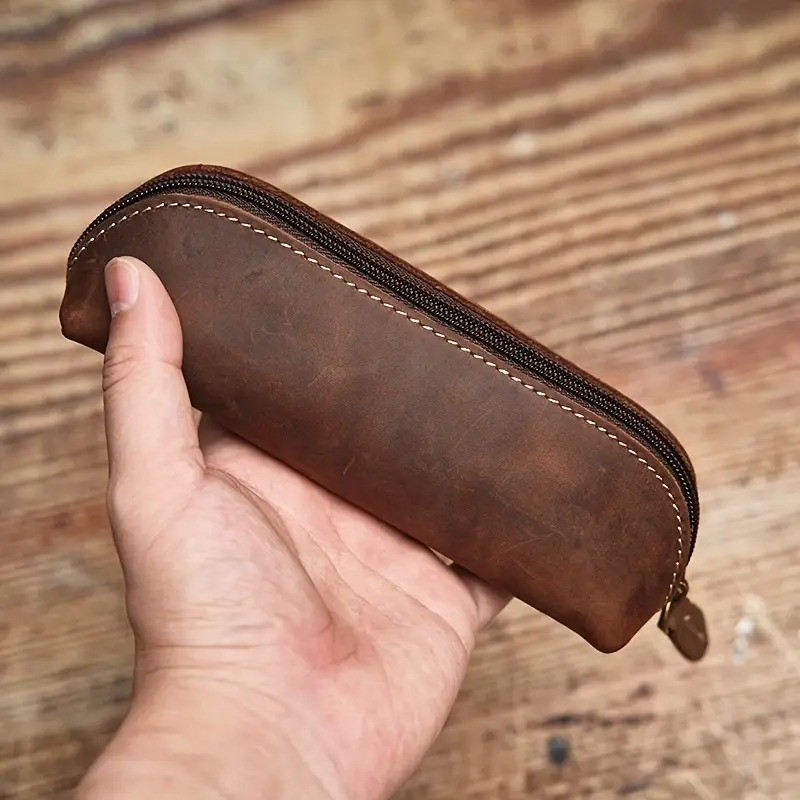 

1Pc Vintage Leather Pencil Bag Retro Simple Stationery Holder Zipper Pencil Pouch Pen Case Storage