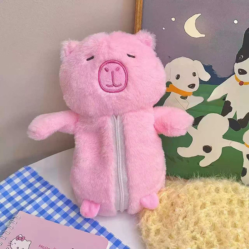 

Korea Style Pink Capybara Plush Pencil Case Soft Plush Pen Case School Stationary Big Capacity Pen