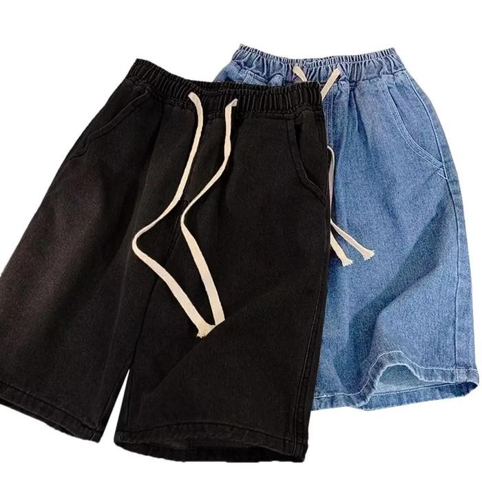 Wearon- Celana Pendek Pria Jeans Celana Pendek Pria Jeans Karet Hitam/Biru Muda Celana Pendek