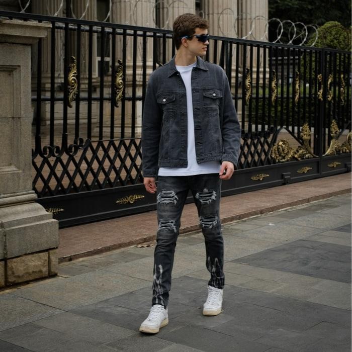 Rawman- North Denim Celana Jeans Denim Panjang Pria Strech Ripped Patch Cotton - Greyish