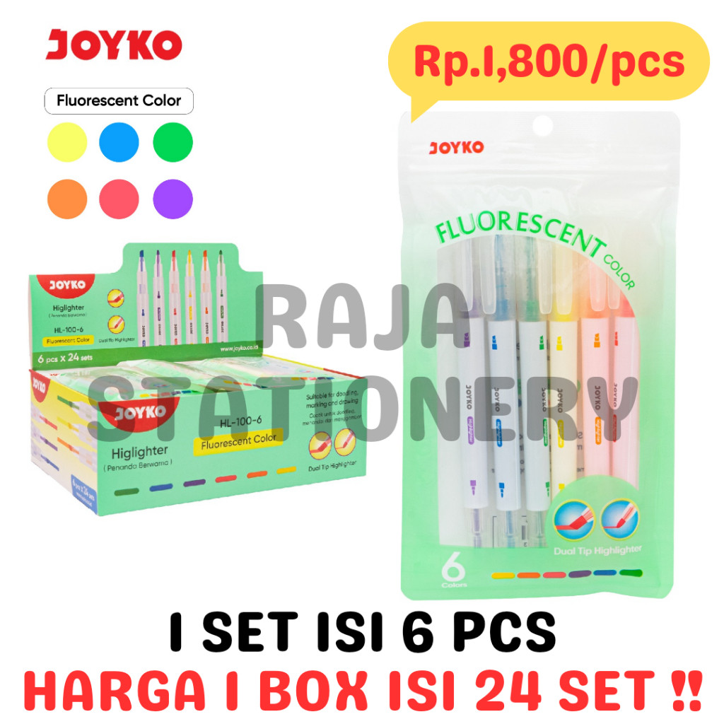 

JOYKO HIGHLIGHTER DUAL TIP NEON COLOURS PACK PENANDA JOYKO WARNA NEON DUA SISI BOX PACK HL-100-6 [24SET] - RAJA BIGBOX