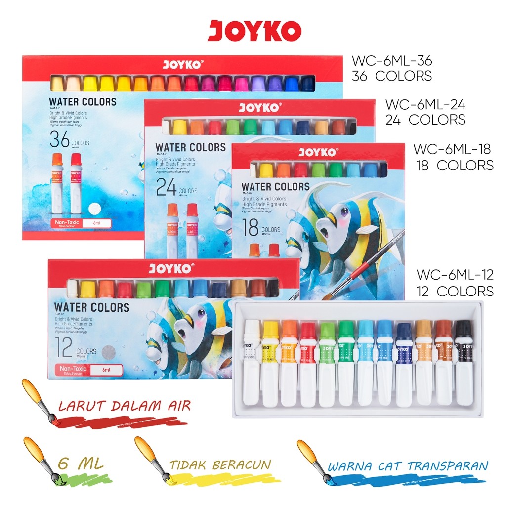 

Joyko Watercolour 12 18 24 36 Colours SET / Cat Air Joyko Lukis 12 Warna 18 Warna 24 Warna 36 Warna WAC-6ML - RAJA BIGBOX