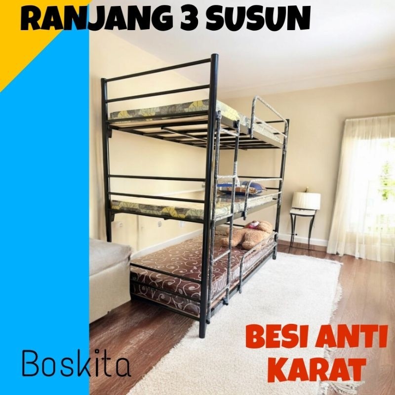 RANJANG 3 SUSUN MBS BESI RANJANG TINGKAT RANJANG TEMPAT TIDUR TINGKAT BUNK BED BESI KUAT DAN KOKOH