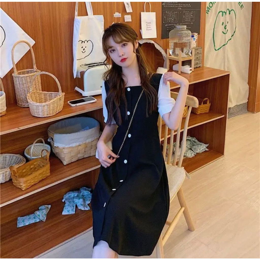 [READYY] COD Dres wanita korean style lengan putih kombinas / Gaun wanita kekinian full kancing