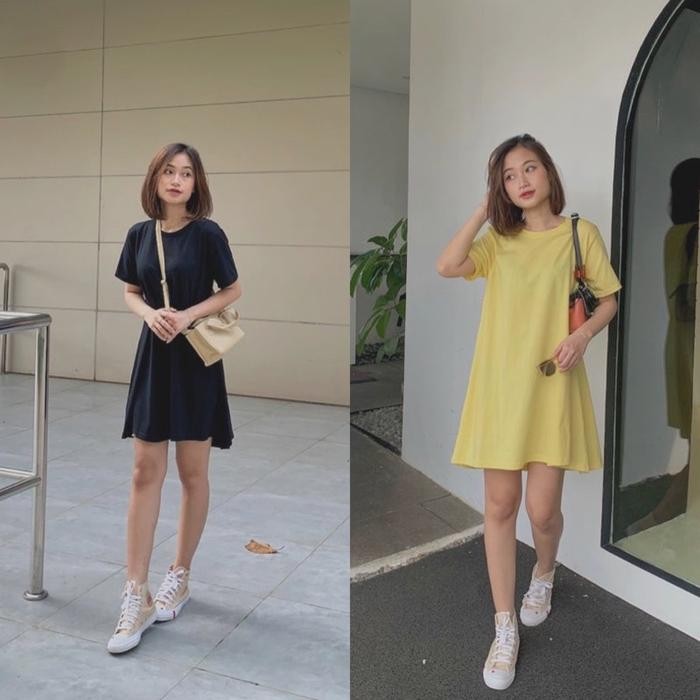 Clavie- Naydee Dress Wanita Baju Lengan Pendek Selutut Bahan Kaos Katun Combed 30S Adem