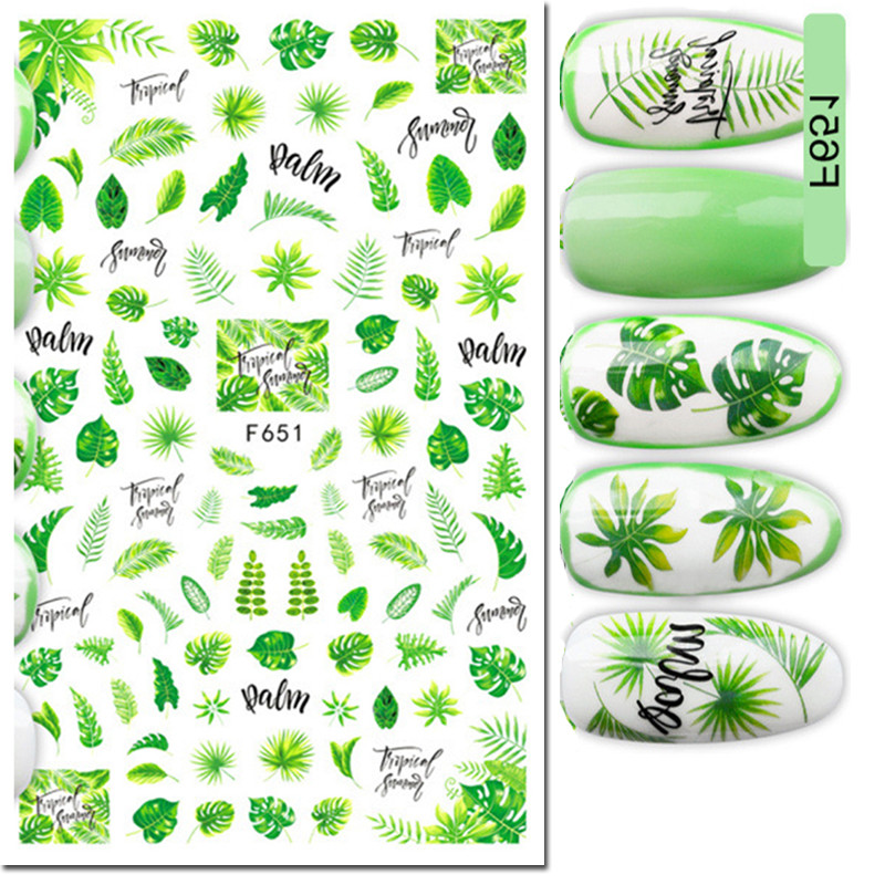 

3D Nail Art Stickers Tropical Green Palms Leaves Flowers Flamingo Adhesive Sliders Nail Decals For