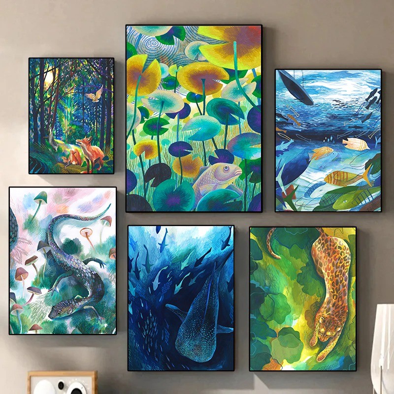 

Cartoon Animal Fish Leopard Whale Shark Illustration Coloured Pencils Style Poster Canvas Art