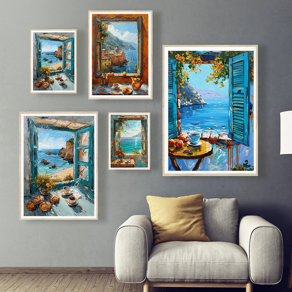 

Abstract Colorful Graffiti Town Landscape Canvas Painting Modern Art Window Sea View Aesthetic