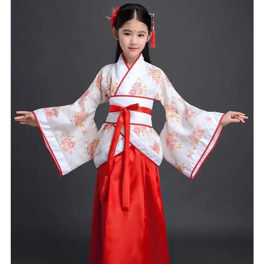 Kostum Hanfu Baju Tradisional China Cheongsam Imlek Import Merah Putih Motif Bunga Christantum