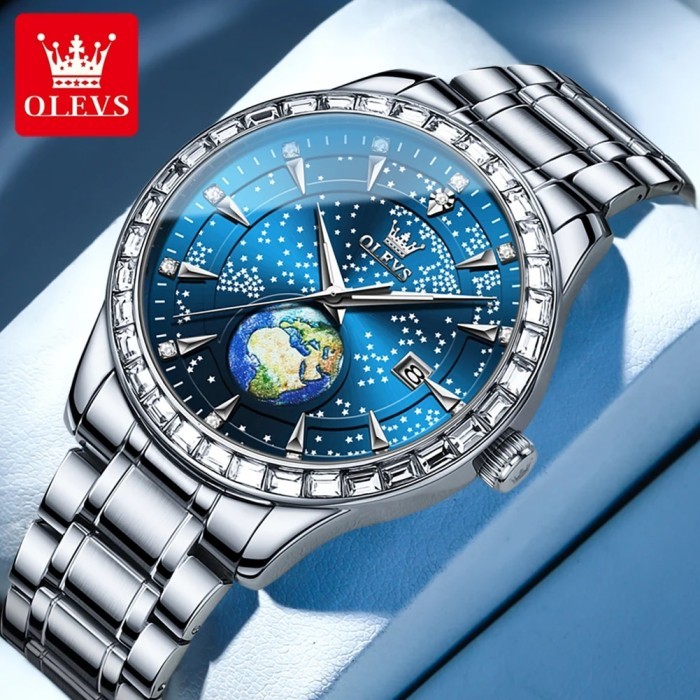 OLEVS Quartz Watch for Man Luxury Diamond Blue Leather Stainless