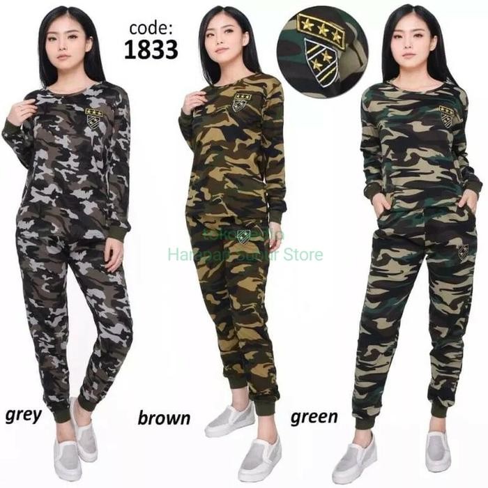 ASLI Setelan Baju Lengan Panjang Olahse Loreng Army Wanita READY STOCK
