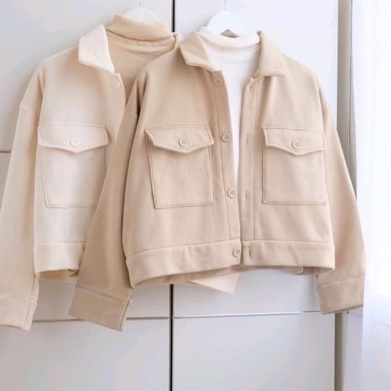 Jaket Saku Wanita Olin Button Outer Kancing Crop Top Premium Jumbo XL - Cream